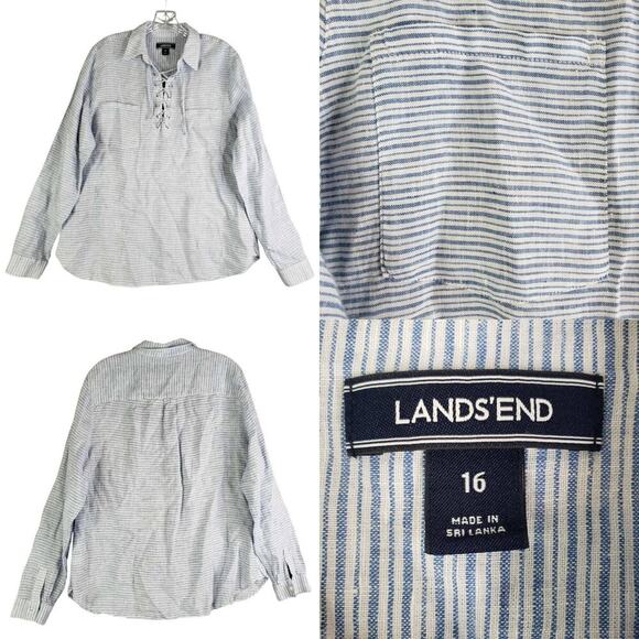 Lands End Shirt Popover Linen Long Sleeve Blue Striped Women’s Size 16 Lace Up - Picture 1 of 11